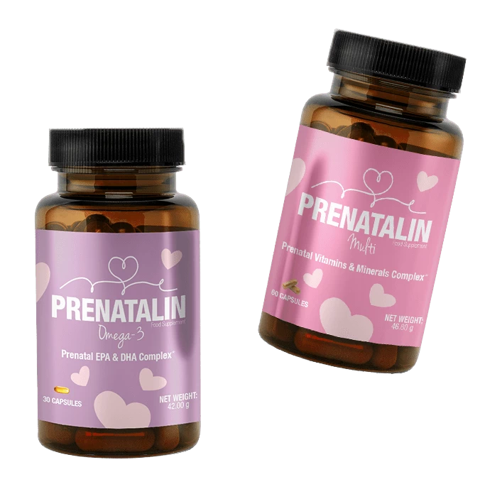 Set completo Prenatalin: integratori prenatali Multi e Omega-3 per gravidanza e allattamento.